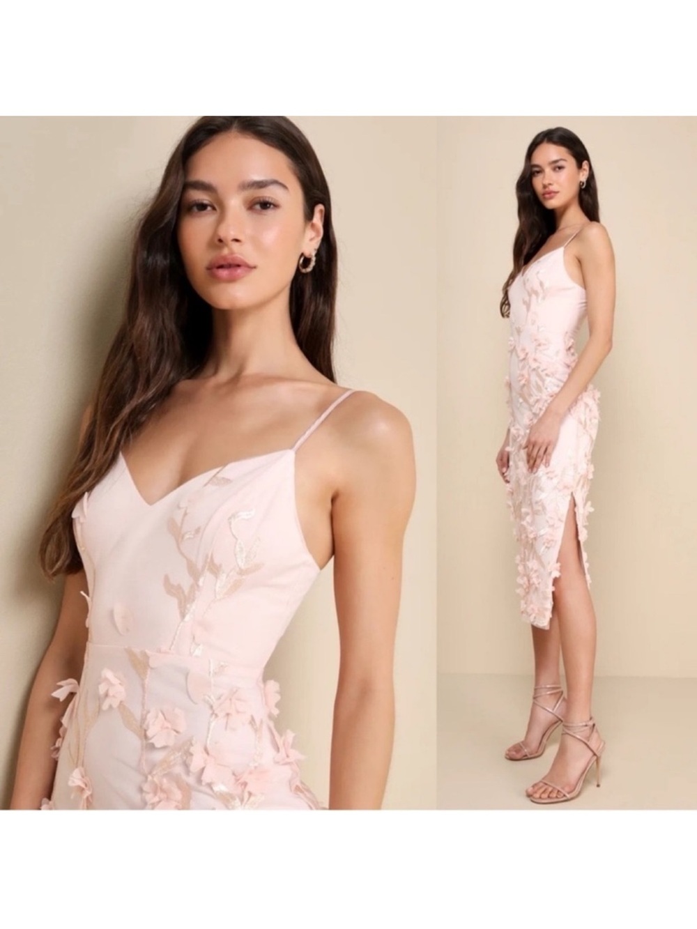 NWT Blush Ballet Pink 3D Floral Embroidered Midi Dress size: M - Picture 2 of 8